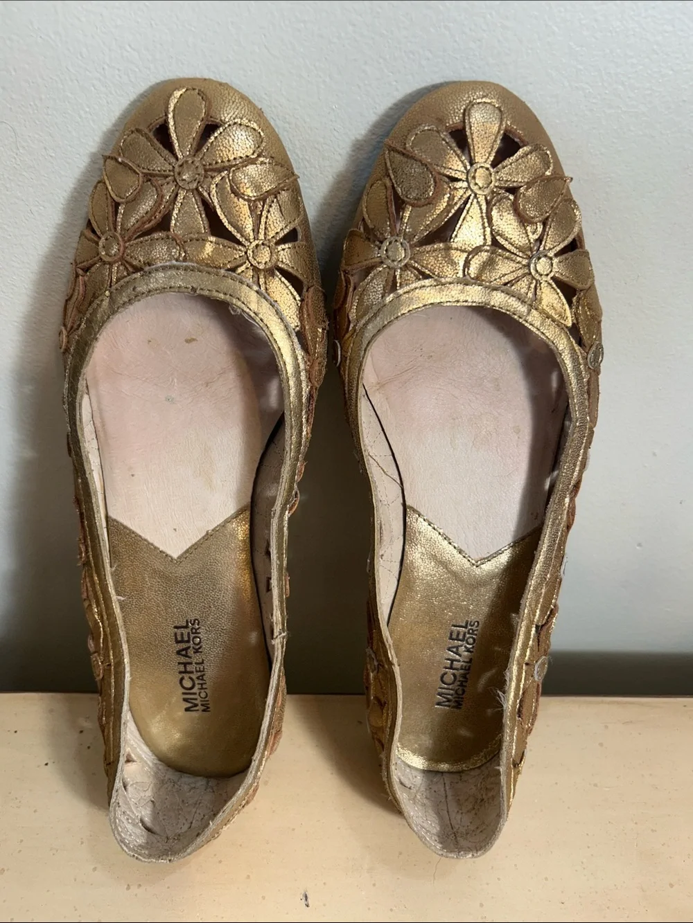 Michael Kors Gold Floral Leather  Cutout Ballet Flats